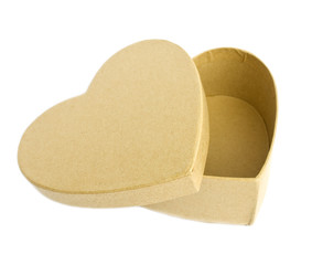 Heart shaped empty cardboard box on white background