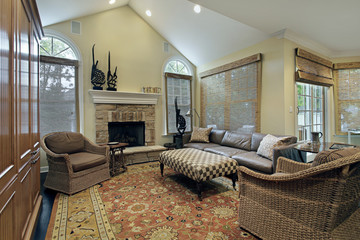 Family room with stone fireplace