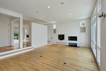 Family room with white cabinetry