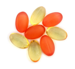 Different omega 3 capsules on white background.