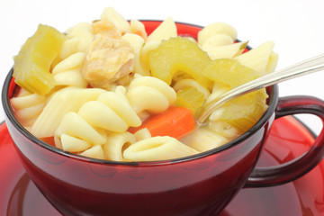 Close view of chicken rotini pasta soup