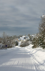 Snowy road leading to a village