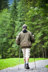 active handsome senior man nordic walking outdoors on a forest p