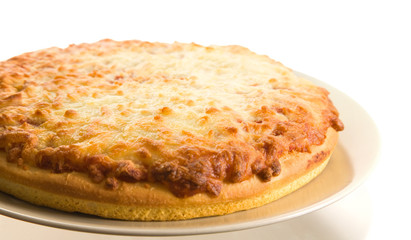 simple thick-base cheese pizza on a plate isolated
