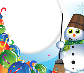 Snowman with a broom and Christmas-tree decorations