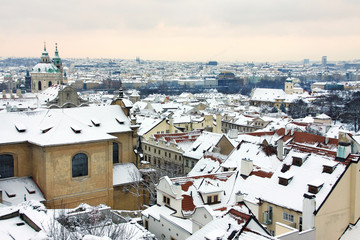 View on Snowy Prague, beautiful medieval city of Czech republic