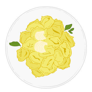 recommend clip art: Tortellini with butter and sage on white dish.