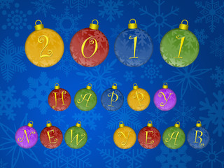 Happy New Year 2011 Colorful Ornaments Blue Background
