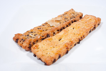 Add bread stick with chocolate side in