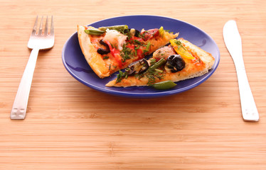 Pizza with  salami on the plate