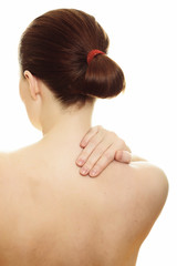 Woman massaging pain back isolated on white background