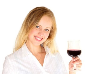 Beautiful blonde woman toasting with a glass of red wine
