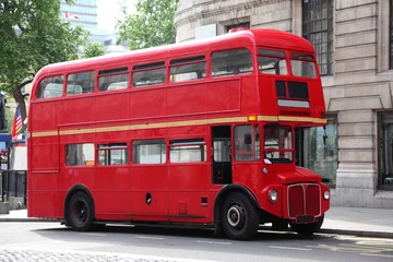 Printed kitchen splashbacks London red bus Empty red double-decker on street in London, England.