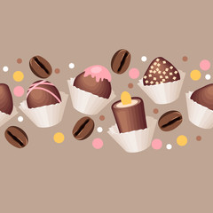Seamless beige horizontal pattern with chocolate sweets