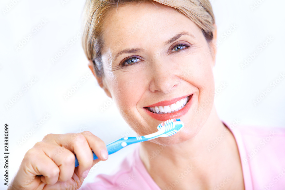 Sticker woman with a toothbrush