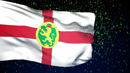 Alderney flag waving. Colored snow background. Seamless loop.