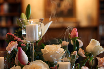 Floral wedding arrangement in a home