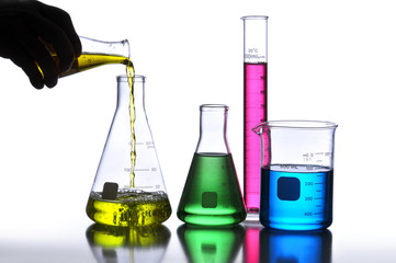 Laboratory Glassware containing different colored liquids