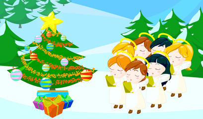 angels kids singing carols under christmas tree