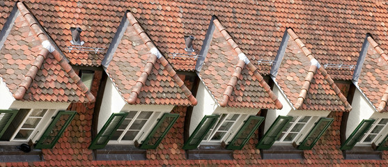 Dormer windows on the roofs of Bern city