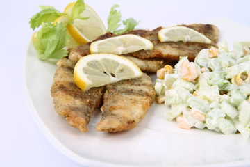 Fried fish with side salad decorated with lemon