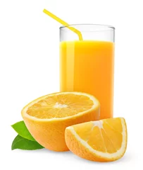 Foto auf Acrylglas Antireflex Saft Isolated drink. Glass of fresh juice and slices of orange fruit isolated on white background