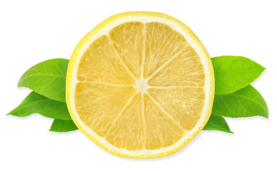 Isolated lemon. One slice of lemon with leaves, design element isolated on white background