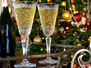 Crystal  glasses with wine bottle on the trolley