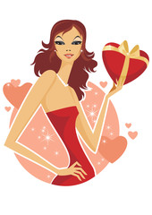 Beautiful girl holding a heart present box