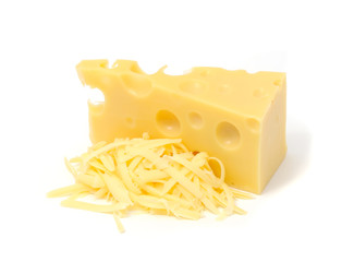 Chunk of Cheese with Grated Cheese Isolated on White Background