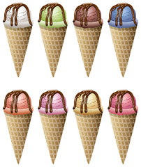 vector colorful icecream cones topped with chocolate sauce