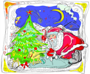 Obraz na płótnie Canvas Christmas new year old vintage stile postcard Santa and Christmas tree