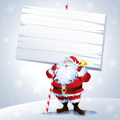 Santa holding a blank sign with snowing background