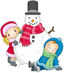 Kids Posing Beside a Snowman