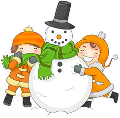 Kids Playing with a Snowman