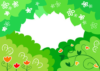 Sfondo di alberi, fiori, foglie e cespugli