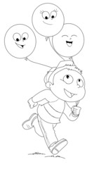 Illustrazione da colorare di bambino che corre con palloncini