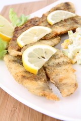 Fried fish with celery side salad decorated with lemon
