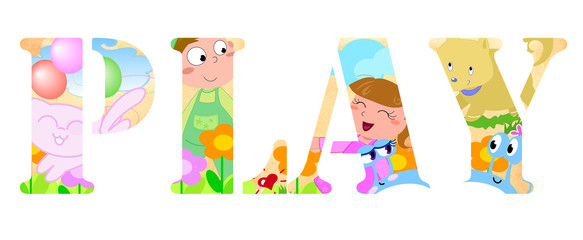 Fototapeta premium Scritta PLAY decorata con bambini e giochi allegri