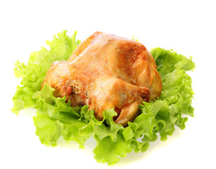Roast chicken on leaves salad , isolated.