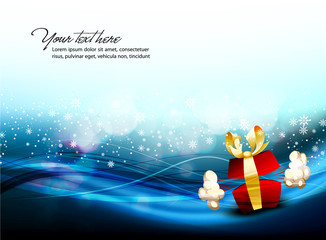Christmas Banner with Cute Gift Box and Falling Snowflakes