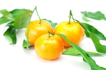 mandarin with green leaves isolated on white
