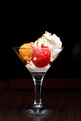 fruits sorbet with vanilla ice cream
