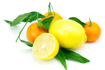 lemon and mandarin with green leaves isolated on white