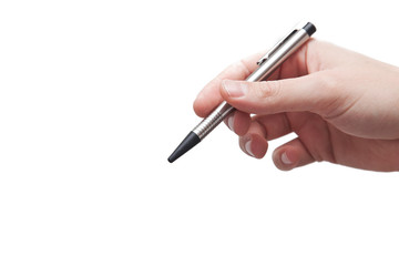 Male hand closeup holding a pen isolated on white