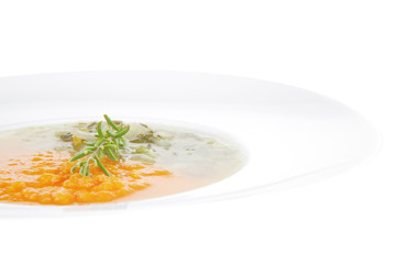 dual components vegetable soup served with toasts