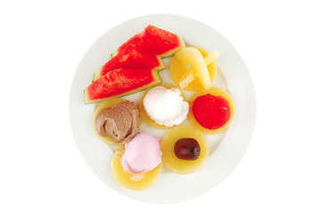 plate mix with fruits and ice cream