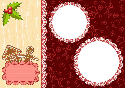 Christmas background with gingerbread and frames.