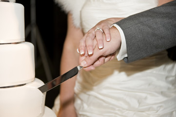 Close up of bride and groom cutting wedding cake
