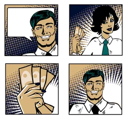 Abwaschbare Fototapete Comics Geschäftsmann und Frau reden und halten Geld